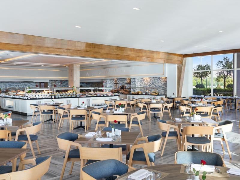 Helles, modernes Restaurant mit vielen Holztischen und -stühlen, großem Buffet und Panoramafenstern.