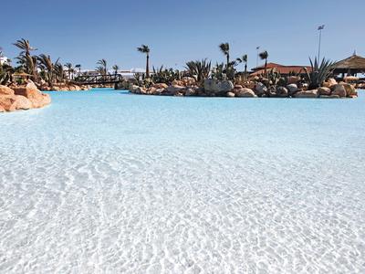 Grande piscine avec eau claire, entourée de palmiers et parasols sous un ciel bleu.