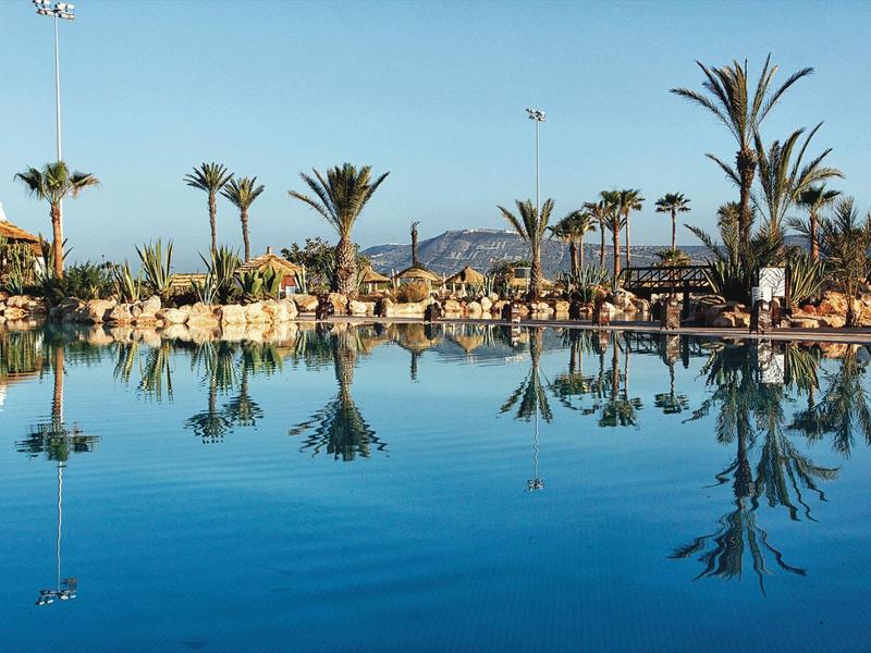 Grande piscine avec palmiers et parasols sous un ciel bleu clair.