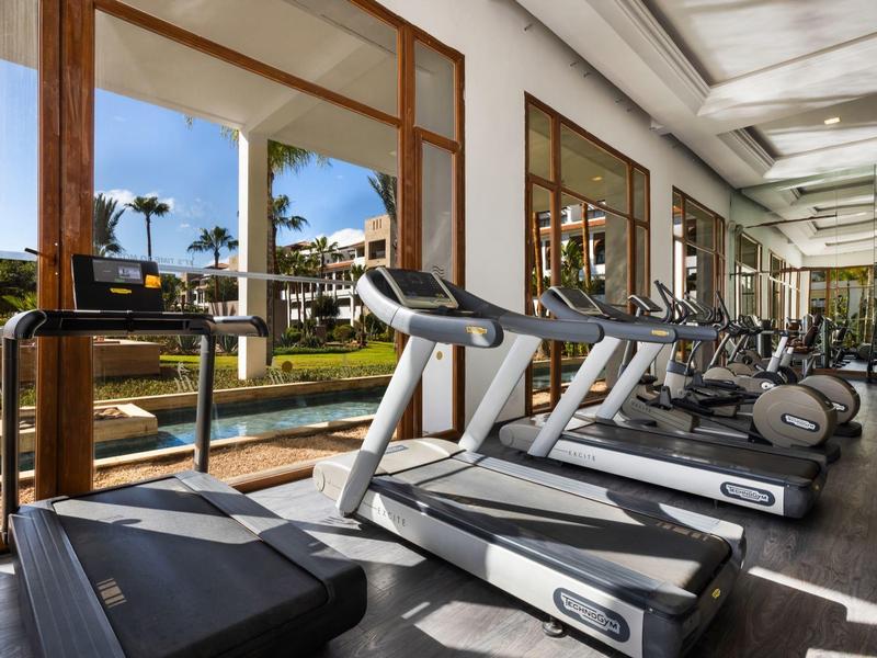 Moderne fitnessapparatuur in een lichte sportschool met grote ramen en uitzicht op een zwembad.