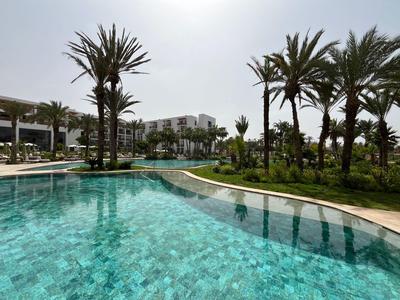 Modern hotel pool surrounded by palm trees and green landscape under clear sky.