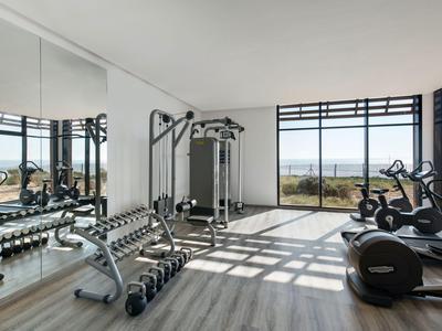 Modern gym with dumbbells, multi-gym equipment, and cardio machines overlooking the sea.