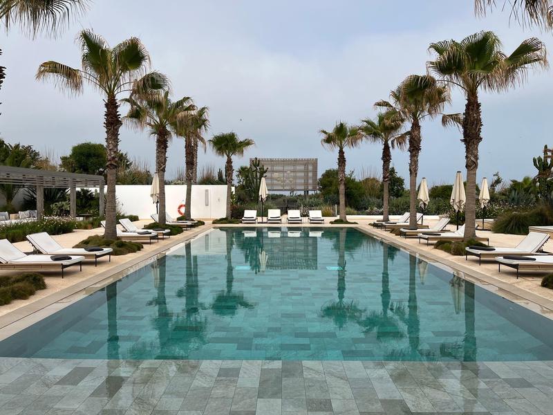 Rechteckiger Pool mit Palmen, Liegestühlen und blassblauem Himmel im Hintergrund.