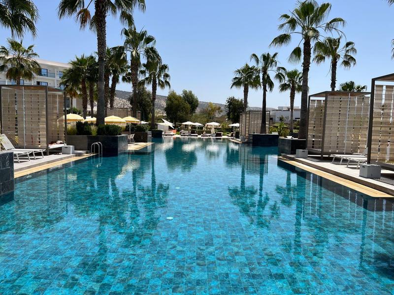 Großer Pool mit klarem Wasser, umgeben von Palmen und Sitzbereichen unter blauem Himmel.