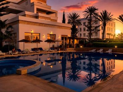 Ein Hotel mit Pool bei Sonnenuntergang, umgeben von Palmen und Liegestühlen.