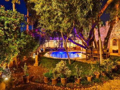 Giardino con piscina e alberi di notte, illuminato in un ambiente alberghiero.