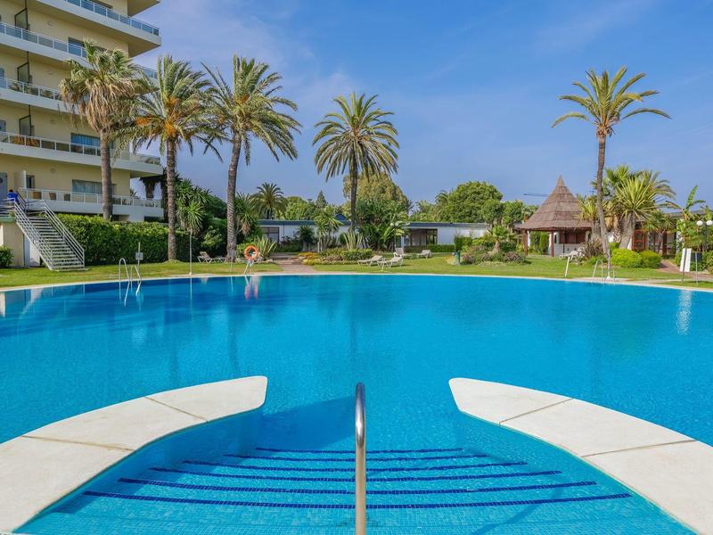 Piscina dell'hotel con palme, cielo azzurro e prato curato.