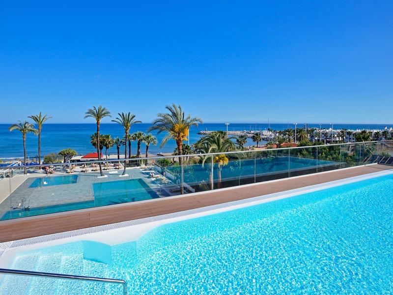 Piscine extérieure avec vue sur l'océan et palmiers, ciel bleu clair.