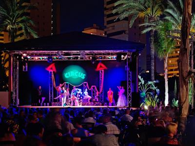 Bühne mit einer Band und Publikum bei Nacht unter Palmen und beleuchtetem Schild.