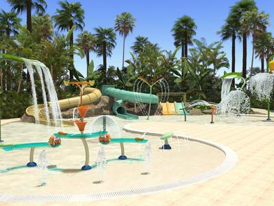 Vodní hřiště s různými vodními stříkačkami a palmami v pozadí za jasného slunečního svitu.