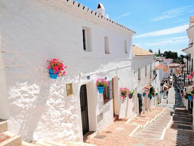 White houses on a sunny paved street with colorful potted flowers.