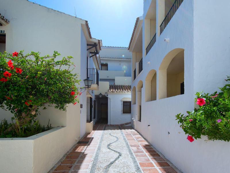 Allée étroite entre bâtiments blancs avec fleurs et ambiance méditerranéenne.