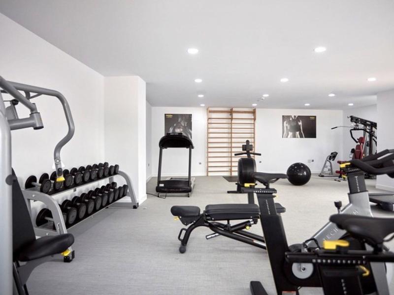 Modern gym room with various exercise machines and dumbbells in a bright space.