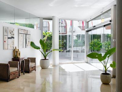 Bright hotel lobby with large windows, potted plants, and wooden furniture.