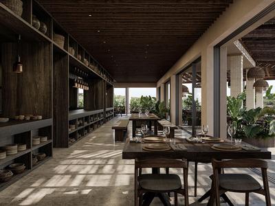 Nowoczesna restauracja z drewnianymi stołami, dużymi oknami, naturalnym światłem i roślinami.