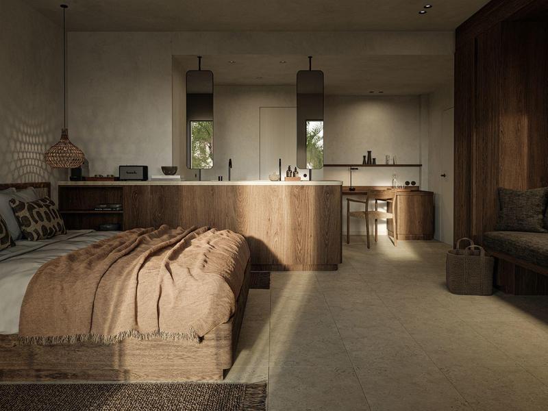 Dormitorio moderno con cama grande, muebles de madera y luz natural a través de ventanas.