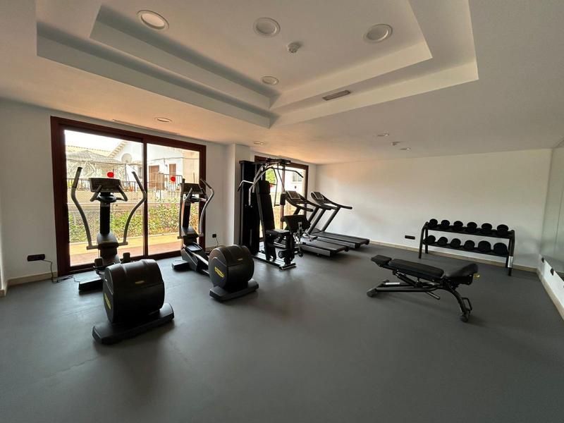 Fitnessraum mit mehreren Trainingsgeräten, Hanteln und großen Fenstern mit Gartenblick.