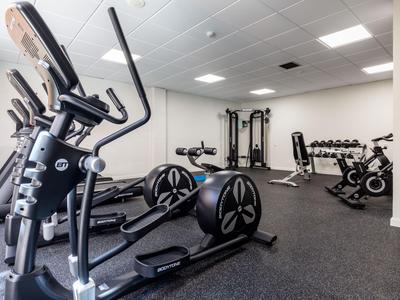 Moderner Fitnessraum mit Ellipsentrainern, Hanteln und Trainingsgeräten in hellem Raum.