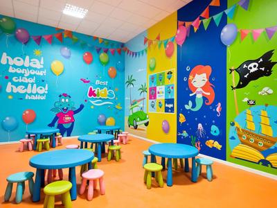 Kleurrijke speelkamer voor kinderen met kleine tafels, krukjes en een muurgrote piraten- en zeemeerminmuur.