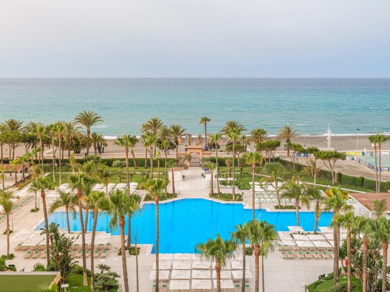 Großer blauer Pool umgeben von Palmen und Grünflächen mit Blick auf das blaue Meer am Horizont.