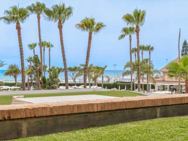 Strandpromenade mit Palmen, Sitzbänken, grünem Rasen und blauem Himmel am Meer.
