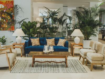 Gemütliches Wohnzimmer mit blauer Couch, Holztisch, beigen Sesseln und grünen Pflanzen.