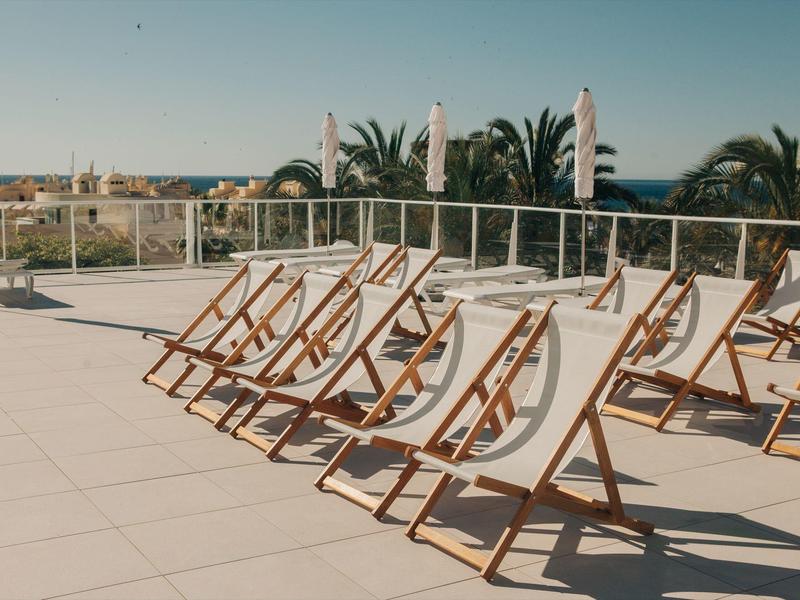 Leere Liegestühle aus Holz mit weißen Planen auf heller Terrasse bei klarem Himmel und Palmen.
