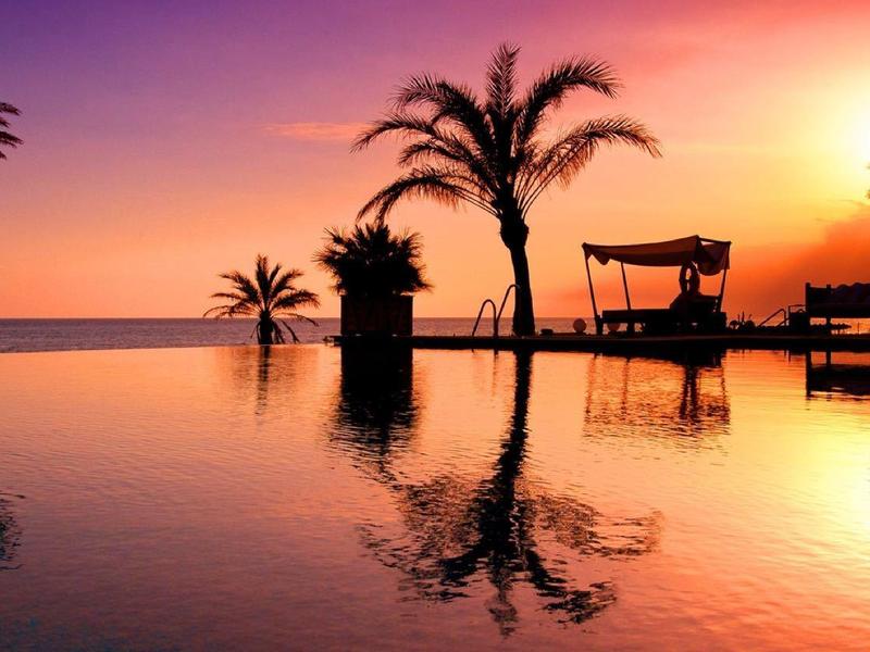 Sonnenuntergang mit Palmen und Spiegelung im ruhigen Wasser eines Pools.