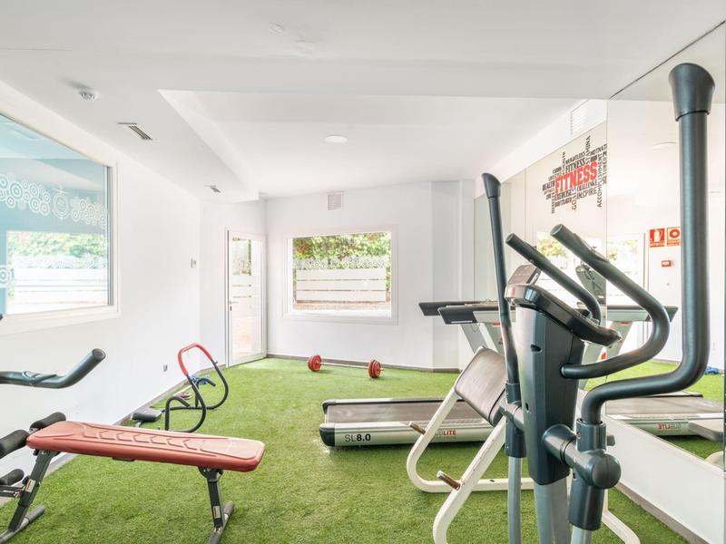 Moderner Fitnessraum mit Trainingsgeräten, grünem Kunstrasenboden und großen Fenstern.