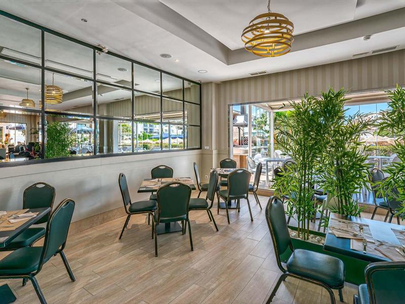 Moderner Gastraum mit grünen Stühlen, Holzfußboden, großen Fenstern und vielen Pflanzen.