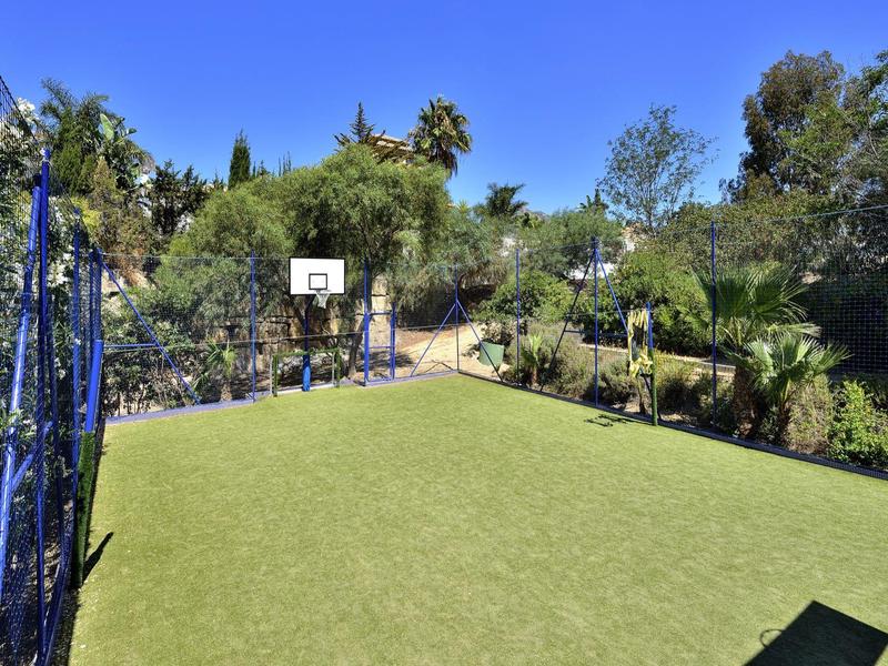Kleiner Basketballplatz mit grünem Kunstrasen und blauem Zaun, umgeben von Bäumen und Sträuchern.