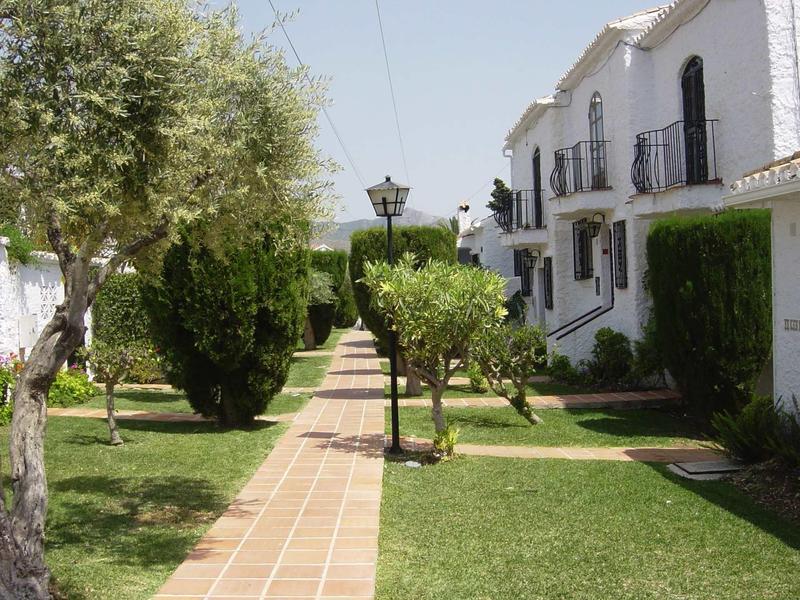 Ein gepflegter Gartenweg mit Bäumen und weißen Gebäuden bei klarem Himmel.