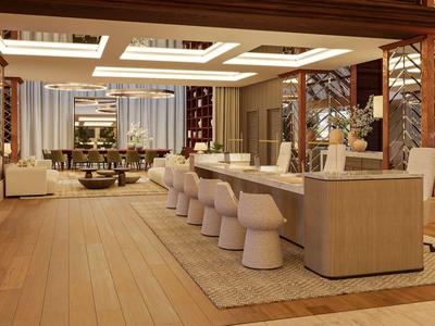 Moderner, eleganter Lounge-Bereich mit Bar, weißen Hockern und Holzboden in warmen Farben.