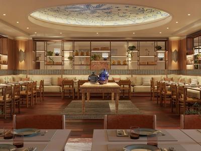 Elegantes Restaurant mit Holztischen, Stühlen und einem großen, beleuchteten Wandregal.