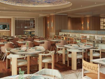 Elegantes Restaurant mit Holzmöbeln und warmem Licht, Tische für mehrere Gäste gedeckt.