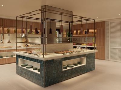 Elegante Hotelküche mit zentraler Kochinsel und moderner Beleuchtung.