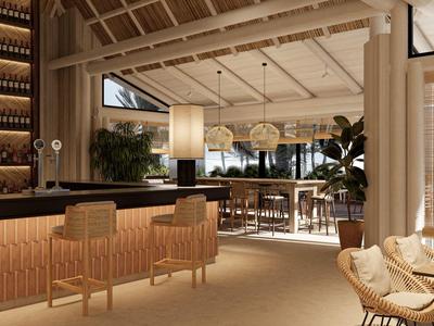 Moderne Hotelbar mit gemütlicher Beleuchtung, Holzvertäfelungen und sitzenden Gästen.