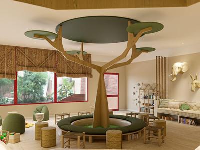 Modern eingerichteter Hotel-Loungebereich mit baumförmiger Sitzbank und natürlicher Beleuchtung