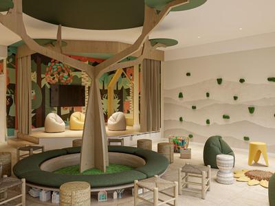 Modernes Wohnzimmer mit rundem Sitzbereich und grünen Polstern in hellem Raum.