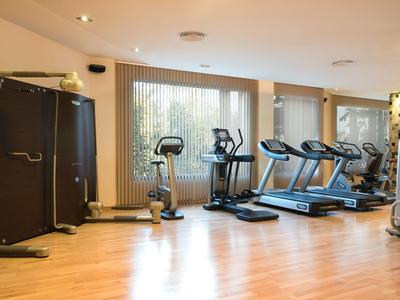 Helles Fitnessstudio mit Holzfußboden und modernen Trainingsgeräten vor großen Fenstern.