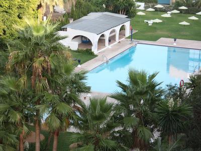 Ein rechteckiger Pool mit blauer Wasserfläche, umgeben von grünen Palmen und weißen Liegestühlen.
