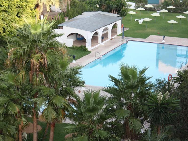 Ein rechteckiger Pool mit blauer Wasserfläche, umgeben von grünen Palmen und weißen Liegestühlen.