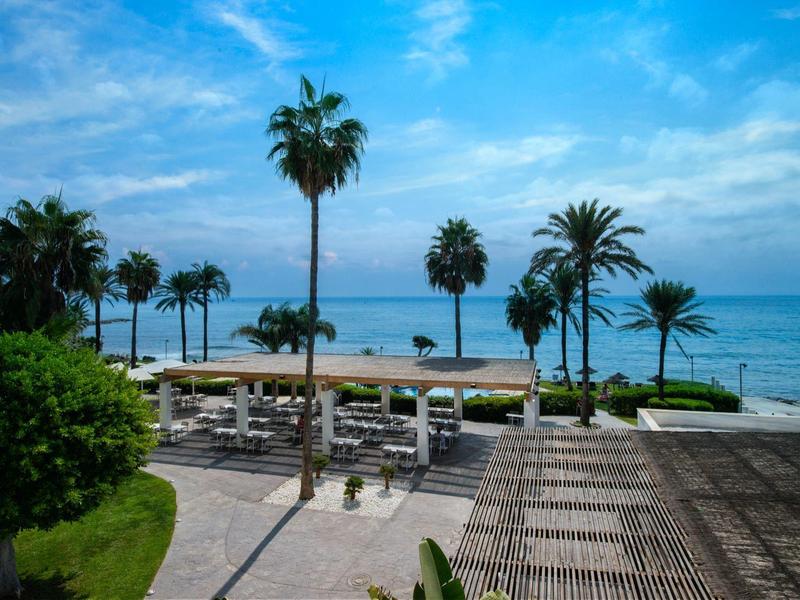 Strand mit Palmen, blauer Himmel und Sitzbereich mit weißen Schirmen am Meer.