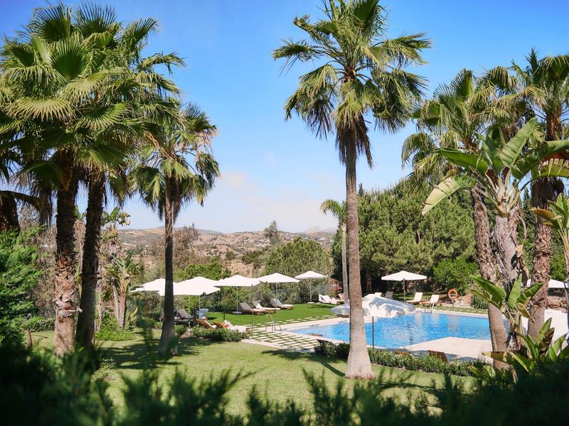 Schwimmbad mit Sonnenliegen und Palmen unter blauem Himmel in einer grünen Gartenlandschaft.