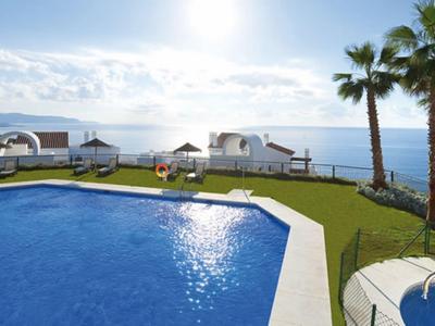 Pool with sunshine, lounge chairs, and sea view next to palm trees.