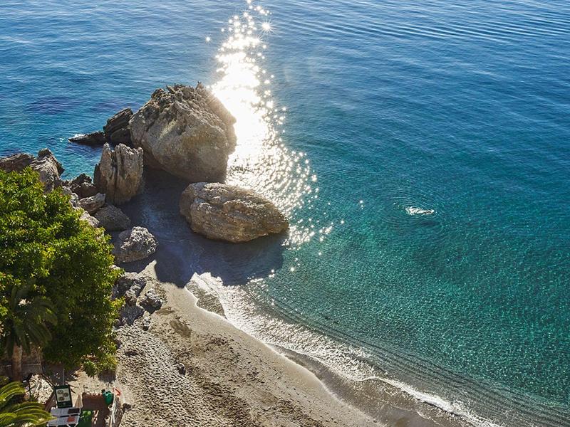 Klarer blauer Meerblick mit sonnigem Glitzern, felsigem Ufer und grünem Baum am Strand.
