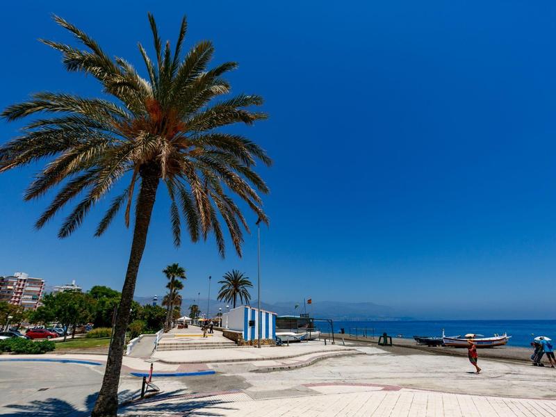 Promenade am Strand mit Palmen, blauem Himmel und Gebäuden im Hintergrund.