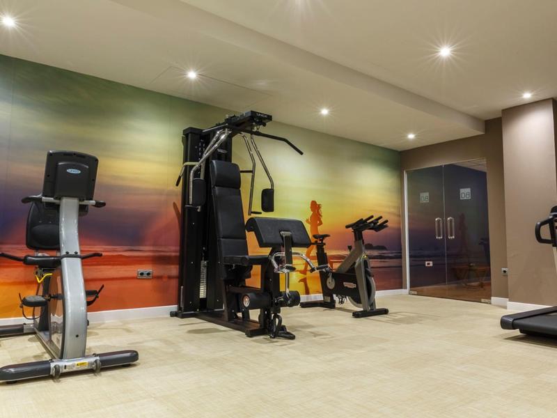 Moderner Fitnessraum mit Fahrradergometer, Kraftmaschine und Laufband vor Wand mit Sonnenuntergangsbild.