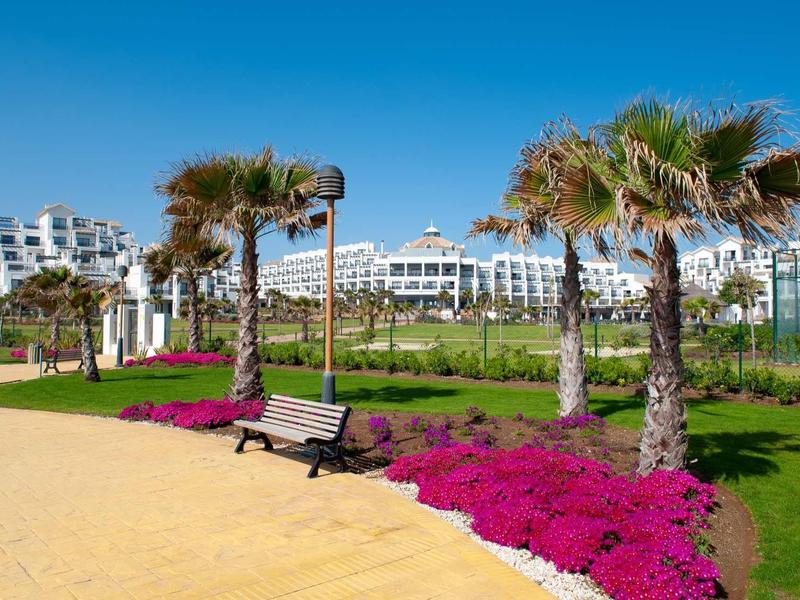 Grüner Park mit Palmen, rosa Blumen, Bänken und weißen Gebäuden im Hintergrund unter blauem Himmel.