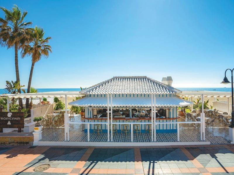 Strandbar mit weißen Holzdetails und Palmen vor blauem Himmel am Strand.